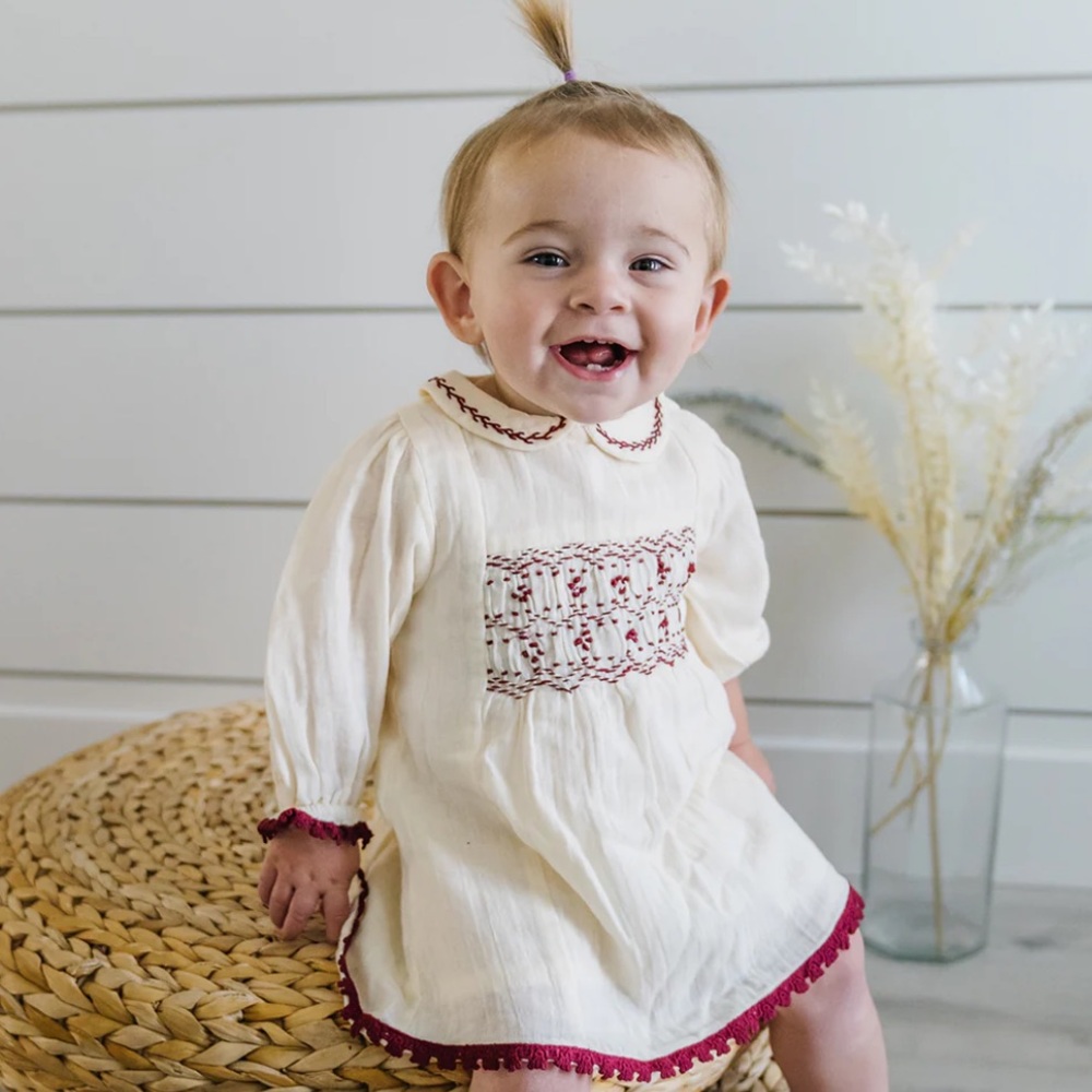 Viverano Hand Smocked Crinkle Muslin Baby Dress (Organic)